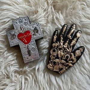 Cross and Healing Hand Milagros Wood Set of 2 from Mexico Good Luck